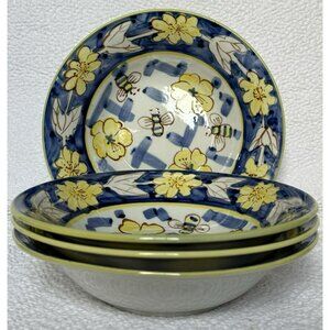 Honey Bee Handpainted Ceramic Cereal Soup Bowls Blue Yellow Bee Flower Set 4